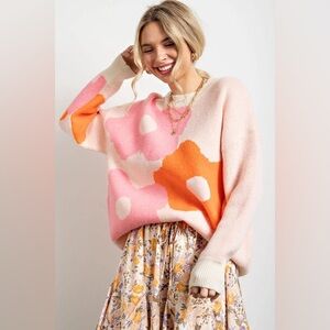 0242 - Floral Knit Sweater in Pink and Orange